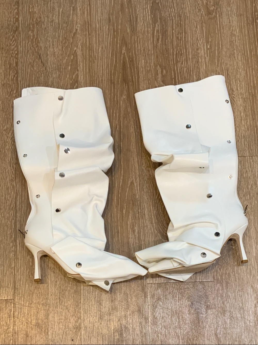White Slouchy Knee-High Heeled Boots with Stud Accents